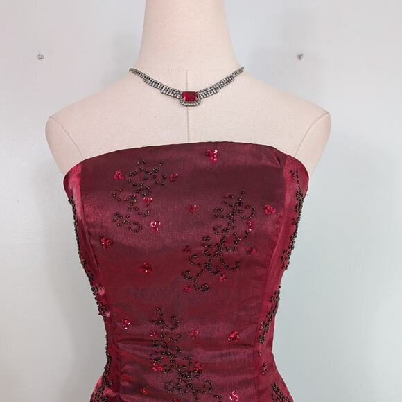 Vintage Prom Dress Maxi Gown 6 Red Y2K Goth Princess Floral Bead Strapless Glam - Picture 5 of 13